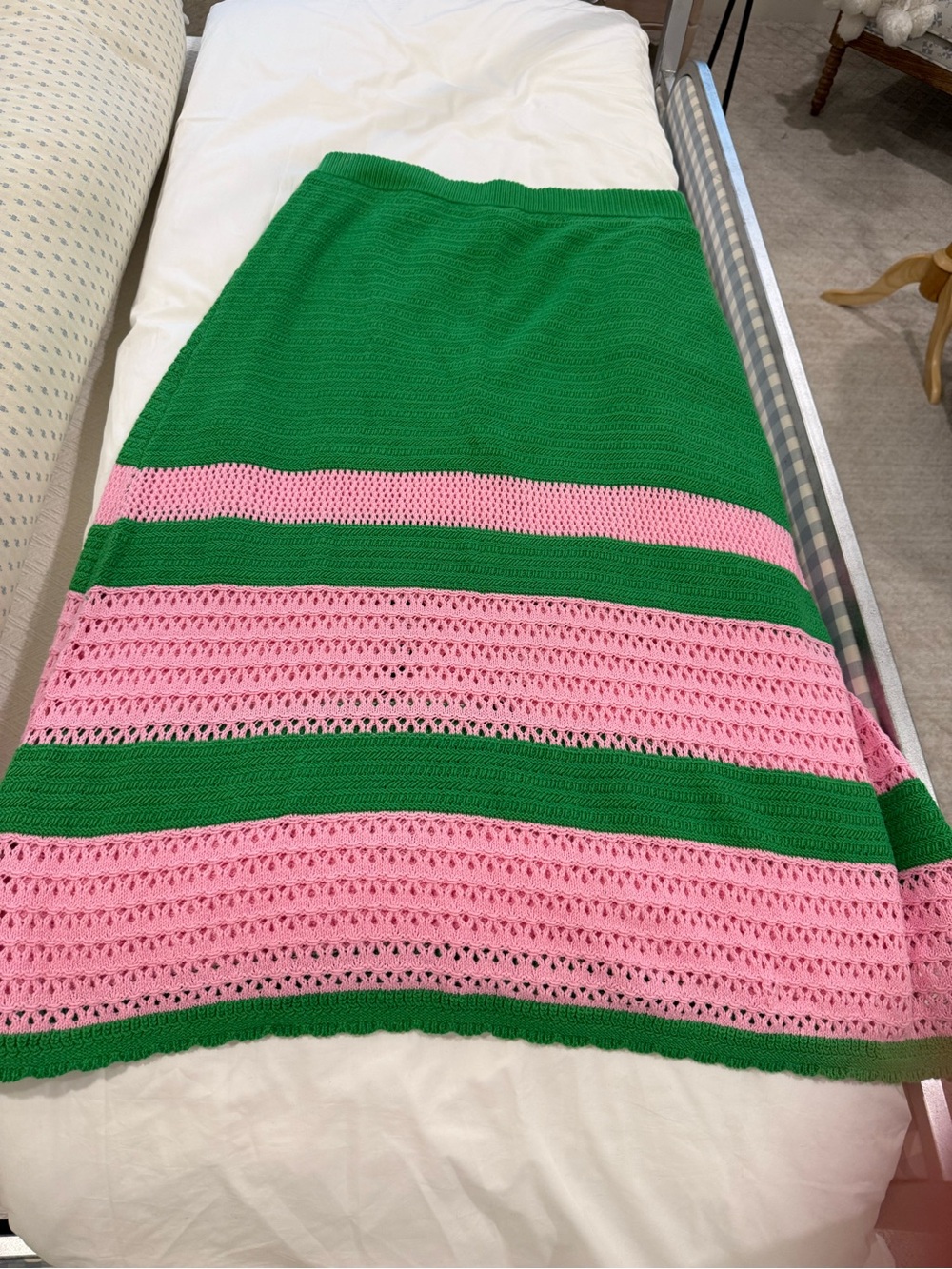 Green and Pink Crochet Maxi Skirt – Women's Striped Knit Skirt